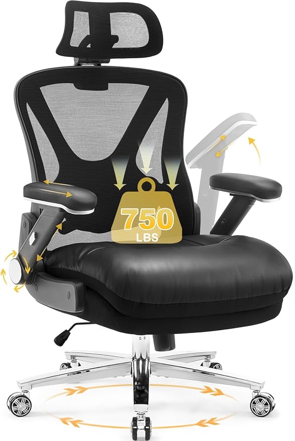 750lbs Big and Tall Office Chair- Heavy Duty Executive Chair with 5D Flip Arms and Adjustable Lumbar Support, Ergonomic Mesh High Back Desk Chair, Ergonomic Executive Home Office Computer Chair-DeskoryOffice