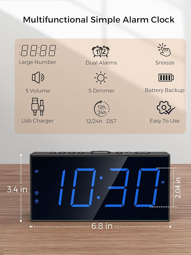 Large Display Alarm Clock for Bedroom, Dual Alarm for Couples, 5-Level Dimmer - Image 2