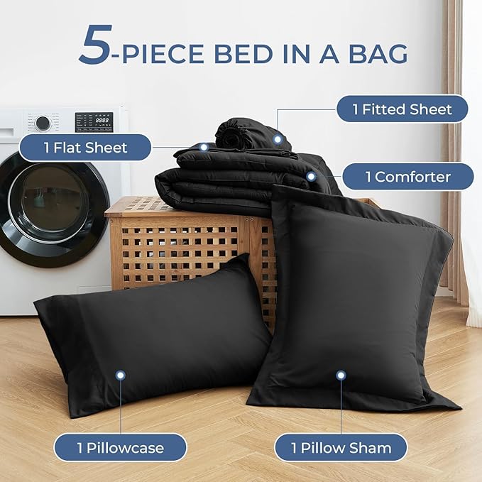Sasttie Twin Comforter Set Black, 5 Pieces Bed in a Bag Twin, Complete Bedding - Image 4