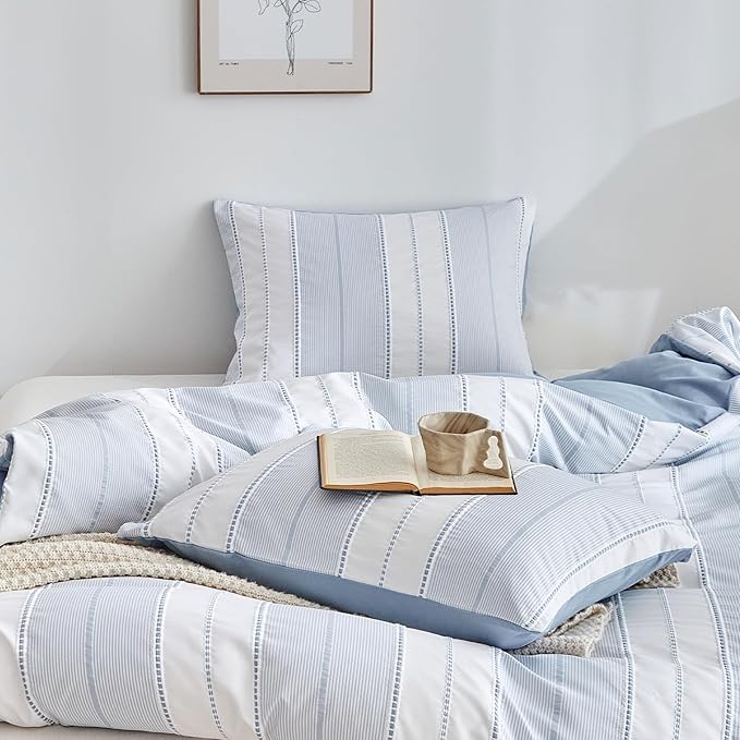 WARMDERN Blue Striped Weave Duvet Cover Queen Size, Microfiber Textured Bedding - Image 4