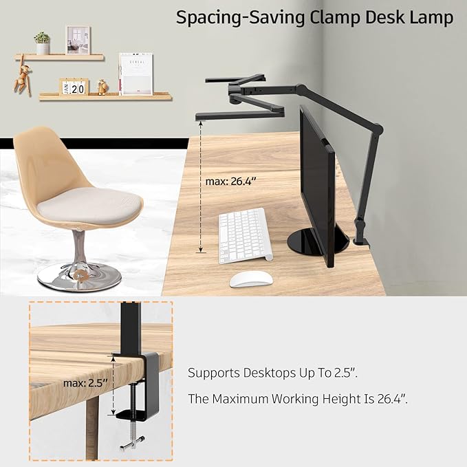 LED Desk Lamp with Clamp, 41.5" Clamp on Architect Desk Lamp for Home Office, 24W Bright Tall Computer LED Table Light Adjustable Overhead Clip on Office Lighting for Work Craft-DeskoryOffice