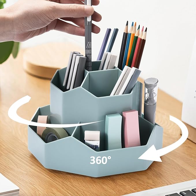 Pencil Pen Holder for Desk, 9 Slots 360 Degree Rotating Desk Organizer, Cute Pen Organizers Stationery Supplies for Office Home & Art Supply (Blue)-DeskoryOffice
