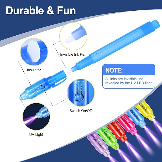 10 Pcs Invisible Ink Pens with UV Led dark light, Word Search & Maze Activities Cards and Bags Included, End of School Year Gift, Fun for Kids' Birthday, Halloween, Christmas, Goodie bag stuffers-DeskoryOffice