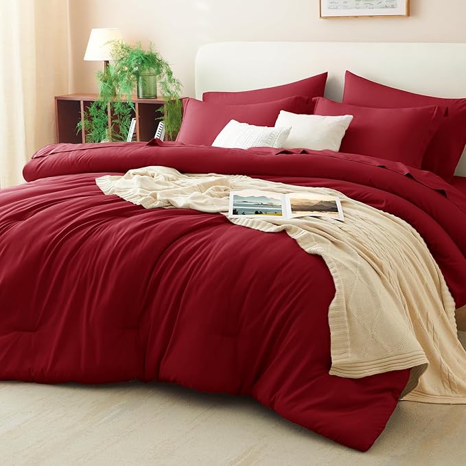 CozyLux King Size Comforter Set Dark Red, 7 Pieces Bed in a Bag King Comforter by CozyLux