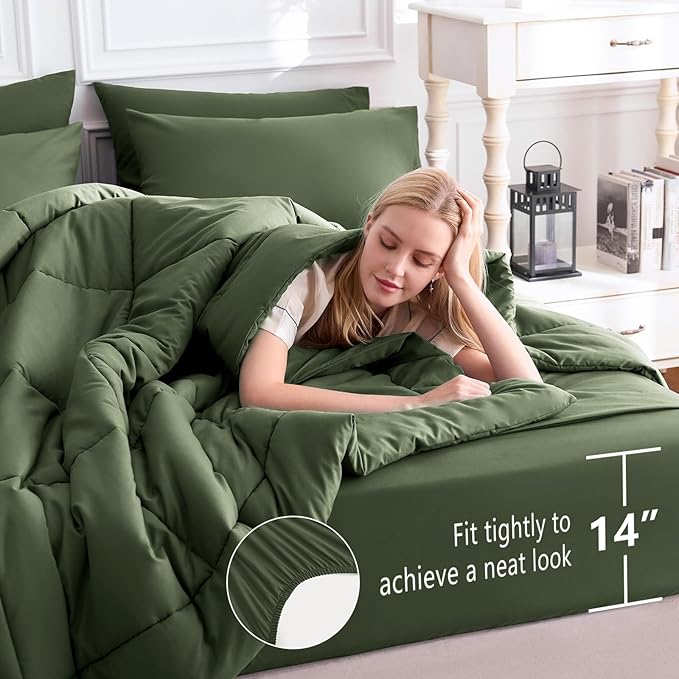 CozyLux King Size Comforter Set Olive Green, 7 Pieces Bed in a Bag, All Season - Image 5