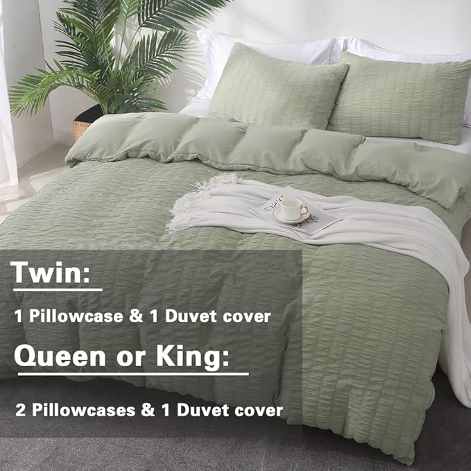AveLom Green Duvet Cover King, 3 Pieces, Seersucker Tripe Soft Washed - Image 6