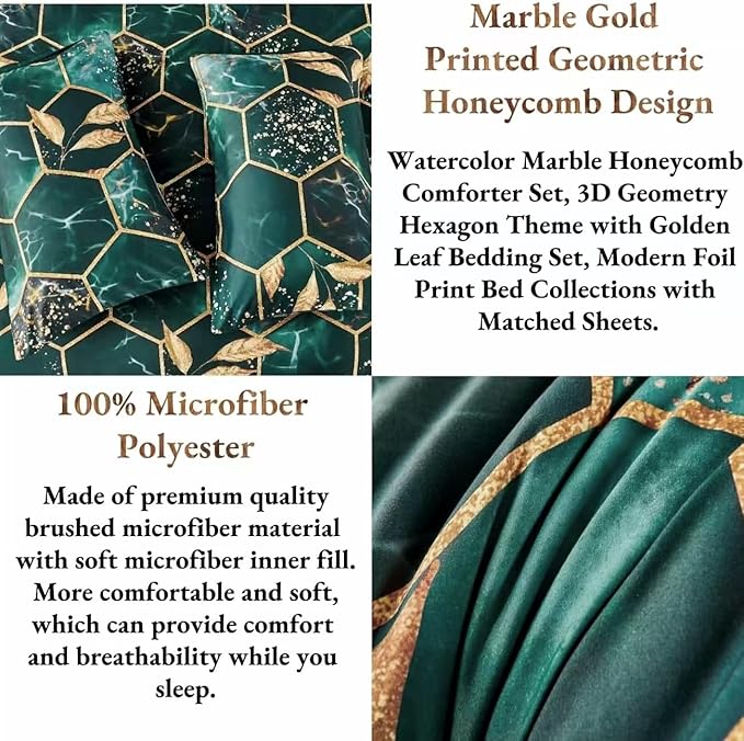 Nanko Emerald Dark Green Gold Printed Queen Size Comforter Set 3 Pcs - Image 4