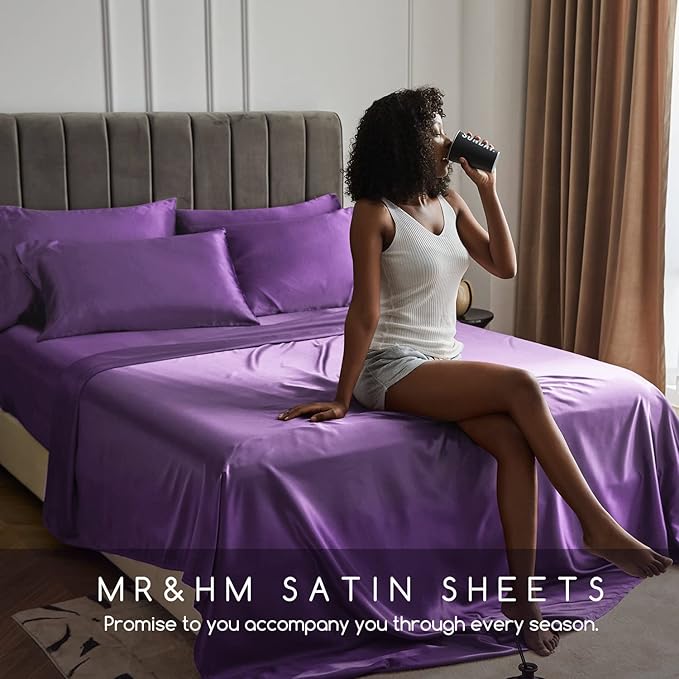 MR&HM Satin Bed Sheets, Full Size Sheets Set - Image 6
