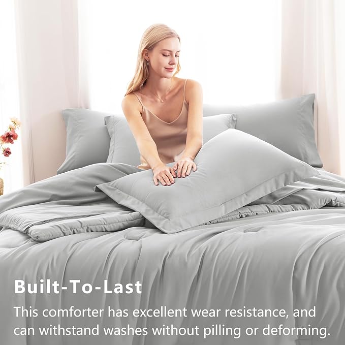 CozyLux Queen Comforter Set Light Grey, 7 Pieces Bed in a Bag Queen Comforter - Image 3