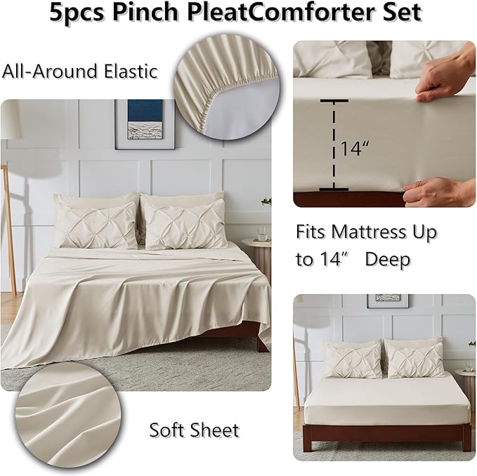 HIMEET Pintuck Bed in a Bag, 5 Pieces Twin Comforter Set Beige, Pinch Pleat Bed - Image 6