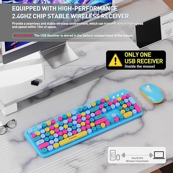 Keyboard and Mouse Wireless,Cute Retro Wireless Keyboard Mouse Combo with Round Key,2.4Ghz Dropout-Free Connection,Typewriter Wireless Keyboard Mouse Set for PC Laptop Desktop Computer-Blue Colorful-DeskoryOffice