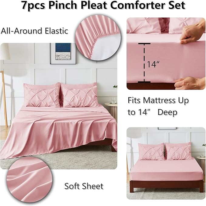 CozyLux Queen Comforter Set Pink, 7 Pieces Pintuck Bed in A Bag, Premium Pink - Image 5