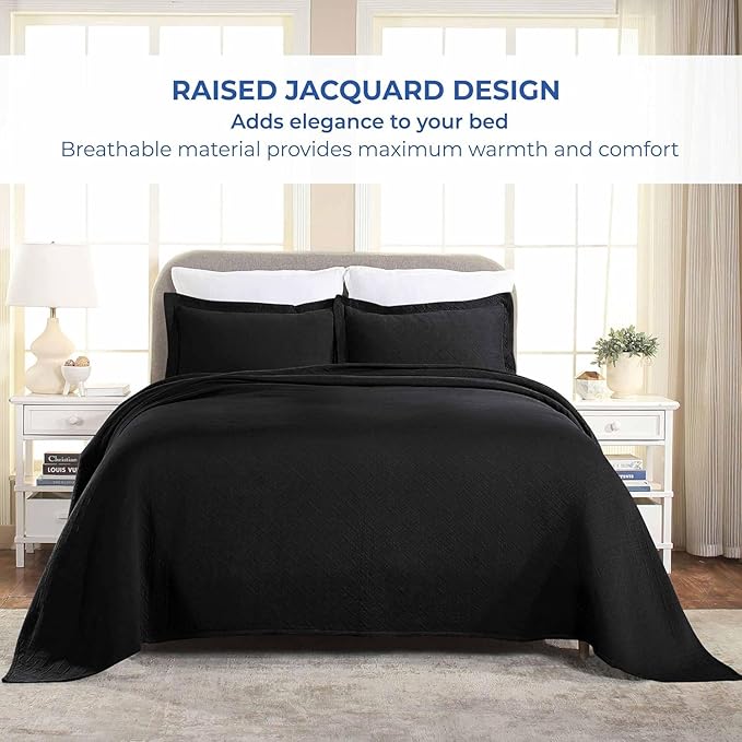 Superior 3 Piece Basketweave Cotton Bedspread Set, Home Bed Decor, Decorative Bed Spread, 2 Pillow Shams, Medium Weight Blanket, Matelasse Coverlet Bedding, Geometric Lattice Pattern, Queen, Black