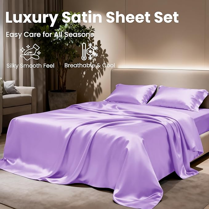 Love's cabin 4Piece California King Satin Bed Linen Set, Lavender Silky Satin - Image 8