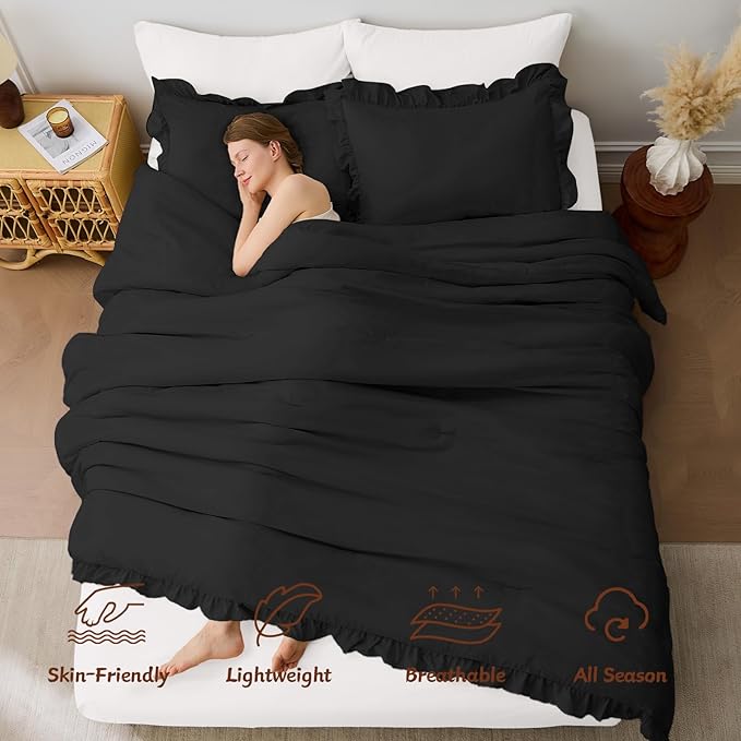 FUANNA Queen Comforter Set Black, 3 Pieces Ruffle Queen Bed Set, Fluffy Bed in - Image 2
