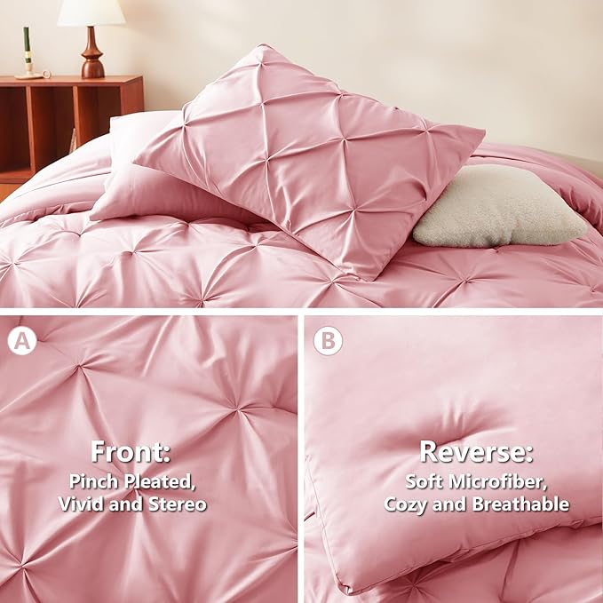 HIMEET Pintuck Bed in a Bag, 7 Pieces King Size Comforter Set Pink, Luxury - Image 3