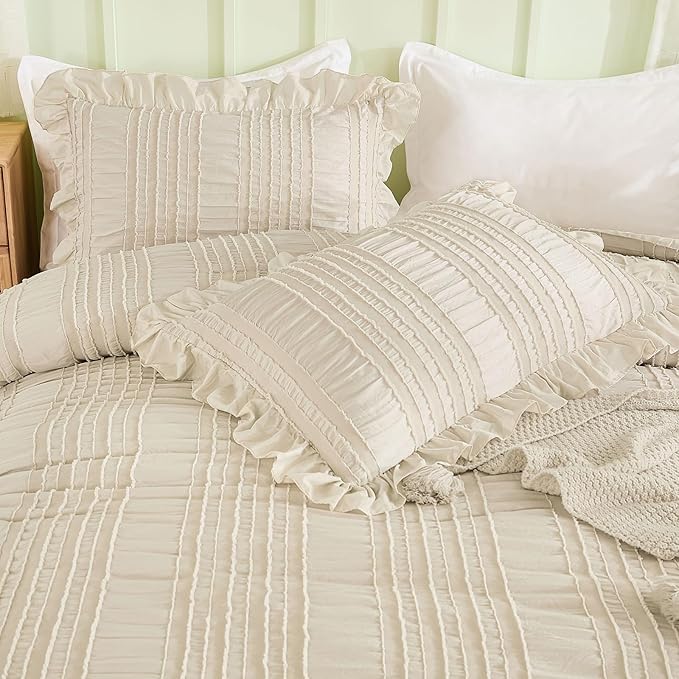WONGS BEDDING Beige Textured Comforter Set King, 3 Pieces Ruffle Farmhouse - Image 6