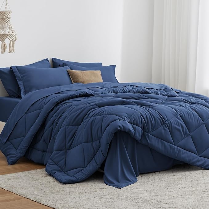 Love's cabin King Size Comforter Set Dark Blue, 7 Pieces King Bed in a Bag by Lovescabin