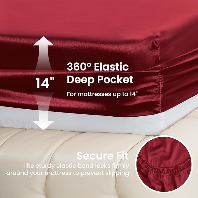 Love's cabin 4Piece California King Satin Bed Linen Set, Burgundy Silky Satin - Image 4