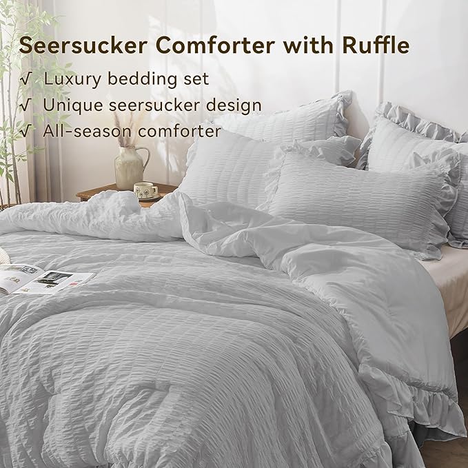 JOLLYVOGUE Light Grey Queen Comforter Set, 3 Pieces Seersucker Comforters Queen - Image 4