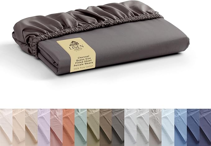 Linen Home 100% Cotton Percale Weave Fitted Sheet, Queen Size, 1 Deep Pocket by LINENHOME