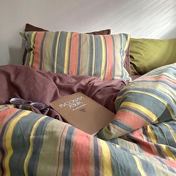 mixinni Vintage Striped Duvet Cover Set Queen Size - Image 4