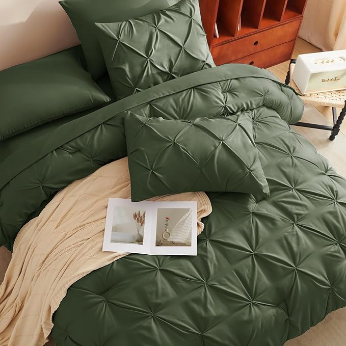 CozyLux Full Size Comforter Sets Olive Green, 7 Pieces Pintuck Bed in A Bag - Image 4