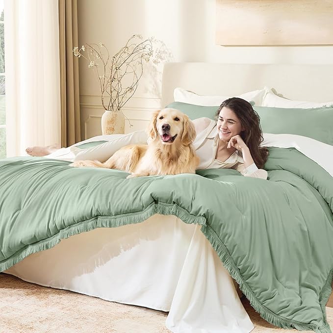 Andency Queen Comforter Set Sage Green, 3 Pieces Boho Tassel Lightweight - Image 3