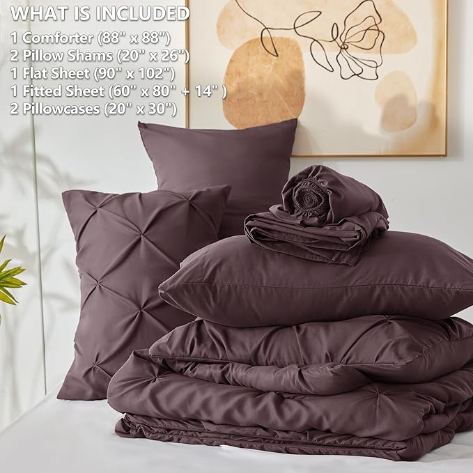 CozyLux Queen Comforter Set Cocoa Powder, 7 Pieces Pintuck Bed in A Bag - Image 6