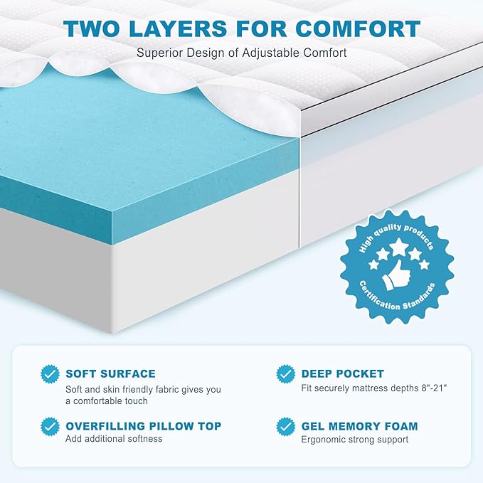 MASVIS Full Size Dual Layer 4 Inch Memory Foam Mattress Topper, 2 Inch Gel - Image 2