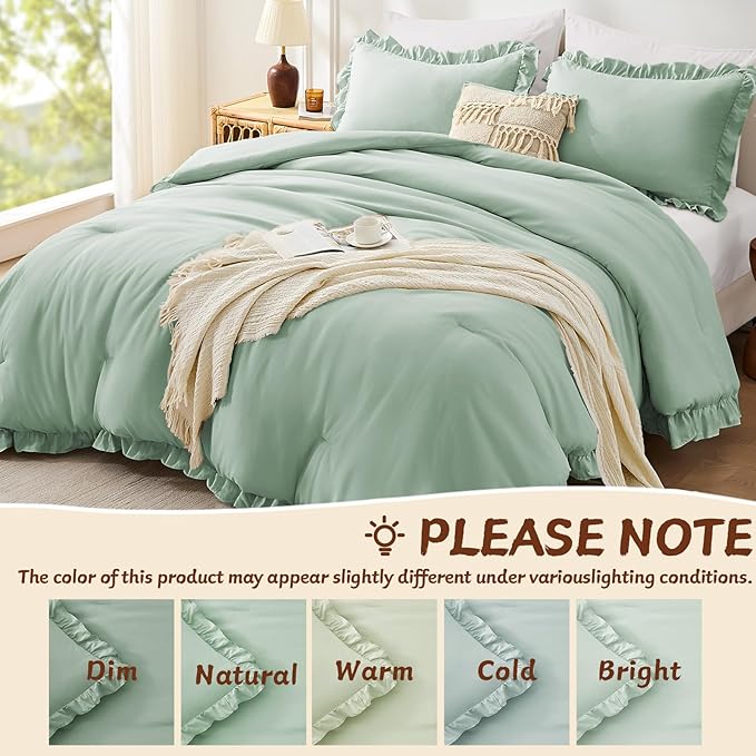 FUANNA Queen Comforter Set Sage Green, 3 Pieces Ruffle Queen Bed Set, Fluffy - Image 6