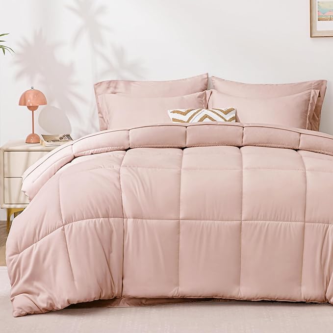 Love's cabin Queen Comforter Set Blush Pink, 7 Pieces Queen Bed in a Bag by Lovescabin