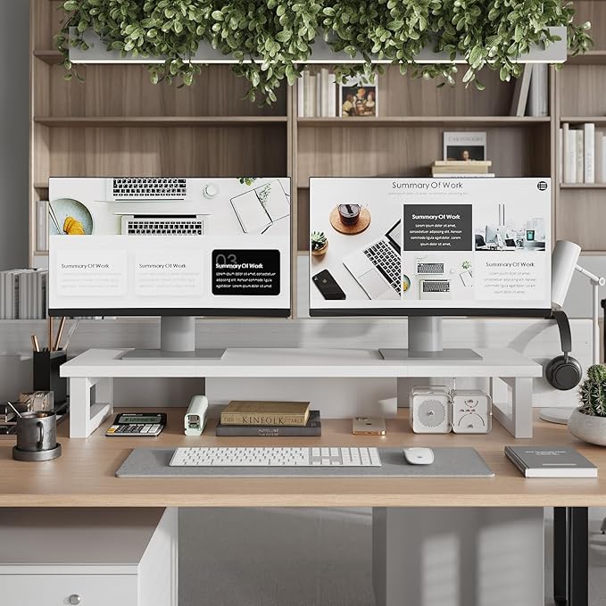 WESTREE Dual Monitor Stand Riser, Wood and Steel Monitor Stand Riser, Computer Monitor Stand for 2 Monitors, Multi-Purpose Desktop Storage Stand for Computer,Laptop,Printer,TV-DeskoryOffice