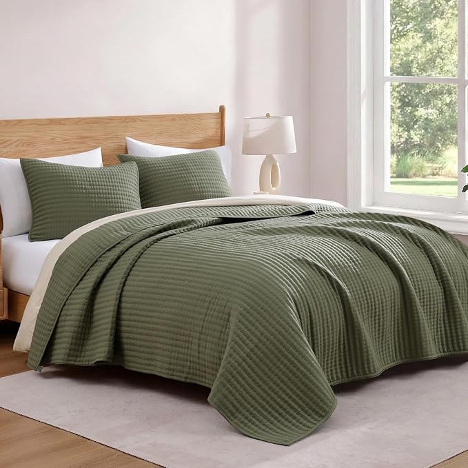WRENSONGE Twin Quilt-2 Pieces Lightweight Bedspreads Olive Green Twin Quilt - Image 3