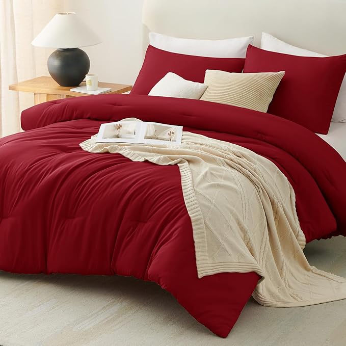 CozyLux Oversized King Comforter Set Dark Red, 3 Pieces 120x98 Solid Breathable - Image 6