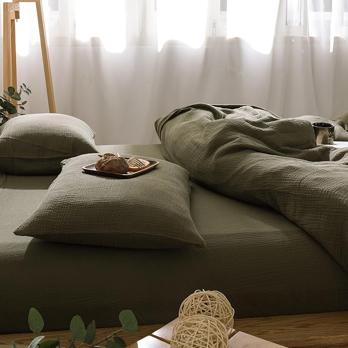 mixinni Olive Green Waffle Weave Duvet Cover Set Queen, 3-Piece 100% Natural - Image 3
