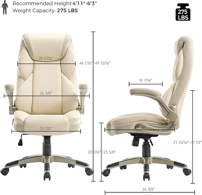 EUREKA ERGONOMIC Executive Office Chair Flip Up Arm Rest, Ergonomic Desk Chair Faux Leather Computer Chair, High Back Office Chair with Headrest, Home Office Desk Chairs with Wheels, Beige-DeskoryOffice