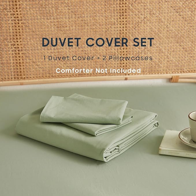 Wake In Cloud - Cotton Duvet Cover Set, Twin Size, Sage Green, 100% Washed - Image 2