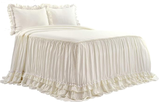 Lush Decor Ella Ruffle Lace Bedspread, 3 Piece Set, King, Ivory - Cute Bed Set - King Bedding - White Bedding - Coquette Decor - Neutral Ruffle Trim - White Lace Trim
