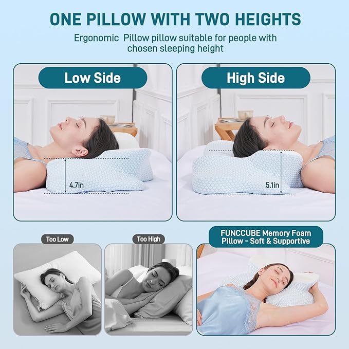 Cervical Pillow for Neck Pain Relief, Ergonomic Dual-Height Memory Foam Pillow with Cooling Breathable Cover for Side, Back & Stomach Sleepers – Blue + White