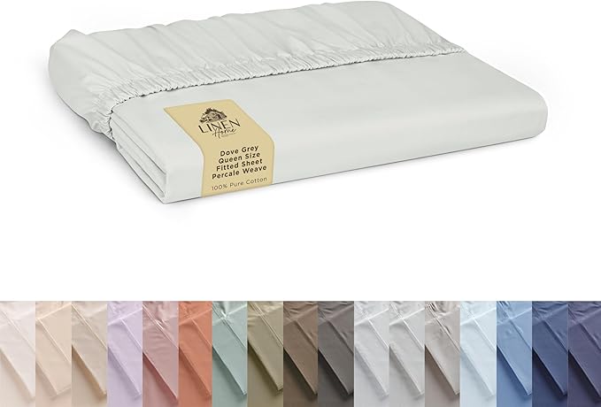 Linen Home 100% Cotton Percale Weave Fitted Sheet, Queen Size, Dove Grey by LINENHOME