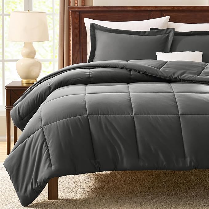 CozyLux Oversized King Comforter Set, 3 Pieces Dark Grey 120x98 Box Stitched - Image 7