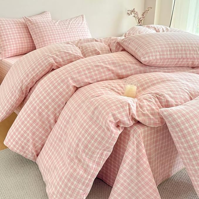 PinkMemory Pink Gingham Plaid Duvet Cover Set Queen 100% Washed Cotton Cute - Image 4