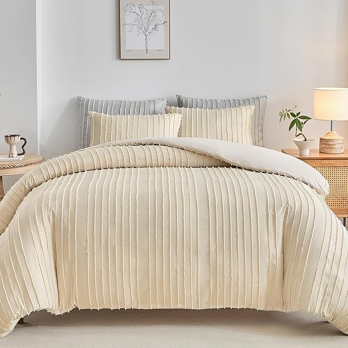 WARMDERN Khaki Boho Duvet Cover Set Queen Size, Striped Textured Tufted Bedding by WARMDERN