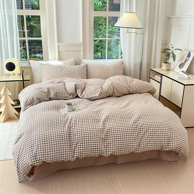 Nayoroom Brown Gingham Duvet Cover Twin Size Tan White Plaid Checkered Duvet - Image 2