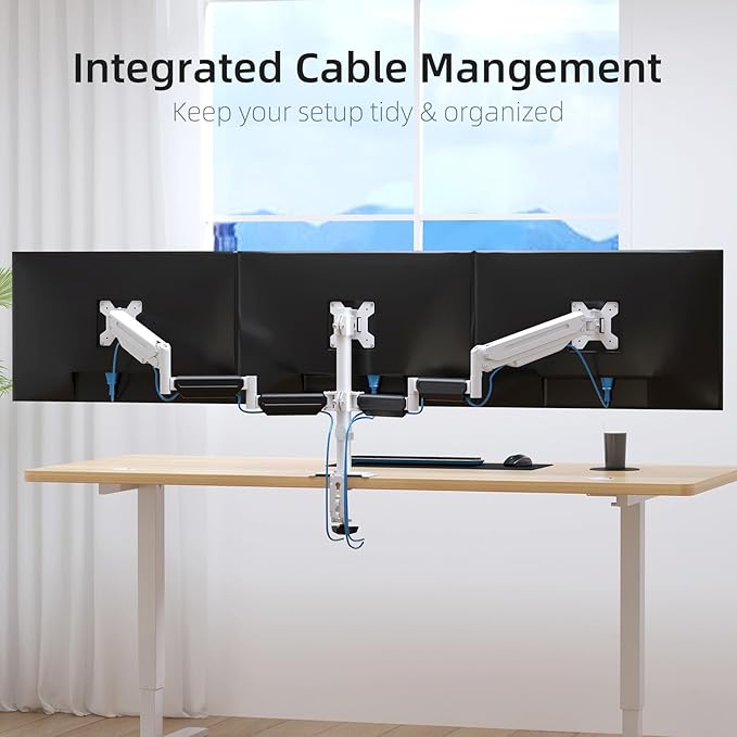 suptek Triple Monitor Mount for Most 17 to 32 inch Screens,Gas Springs Adjustment Triple Monitor Desk Mount Stand with Clamp & Grommet Kit,White(MD8003W)-DeskoryOffice