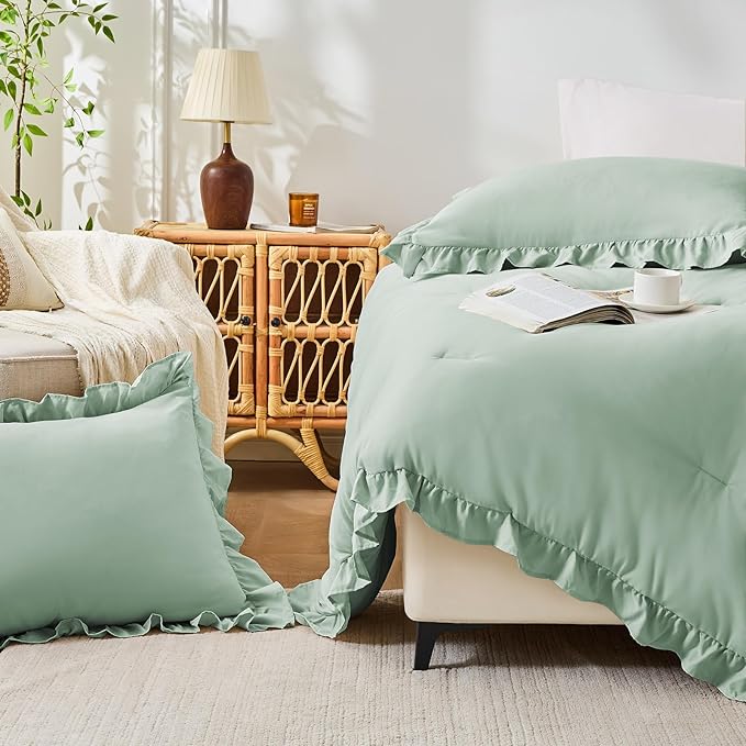 FUANNA King Size Comforter Set Sage Green, 3 Pieces Ruffle King Bedding Set - Image 7