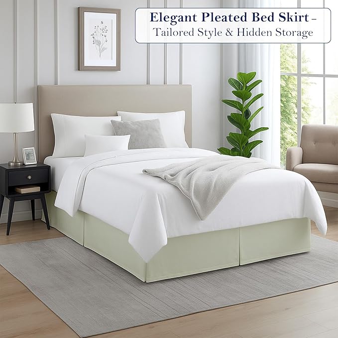 Full Bed Skirt, Luxury 24 Inch Drop Ivory Pleated Bed Skirt, Double Brushed Microfiber, Box Pleat Design, Wrinkle & Fade Resistant, Easy Fit Tailored Bedskirt for Full Size Beds