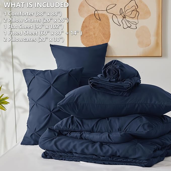 CozyLux Queen Comforter Set Navy Blue, 7 Pieces Pintuck Bed in A Bag, Premium - Image 7