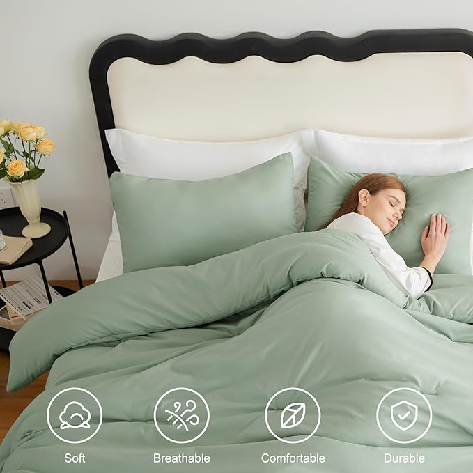 CozyLux Oversized King Comforter Set Sage Green, 3 Pieces 120x98 Solid - Image 5